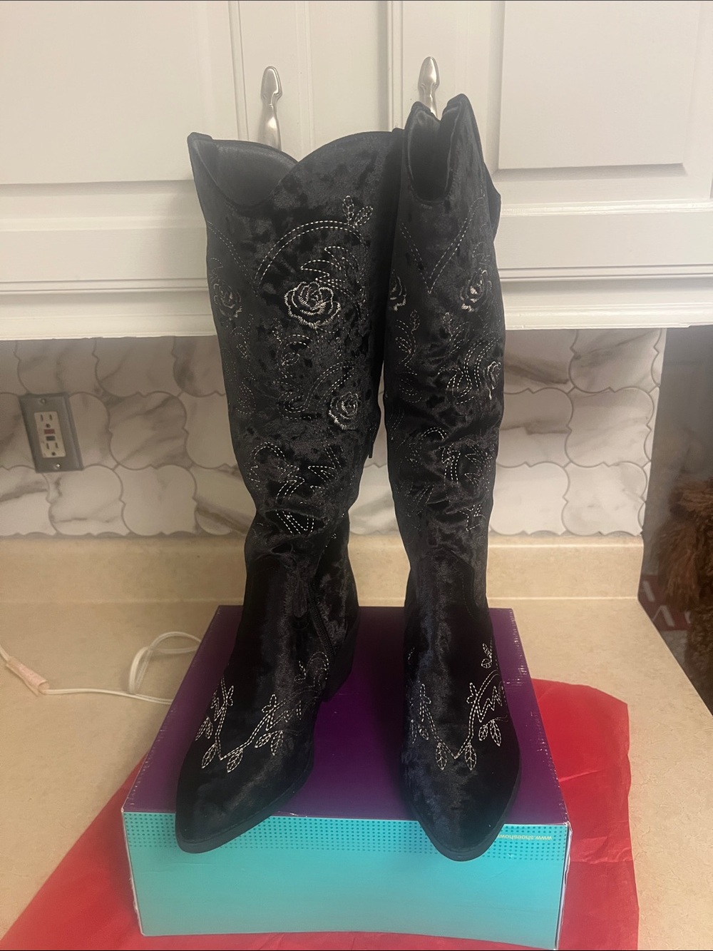 Black Embroidered Knee-High Women's Boots